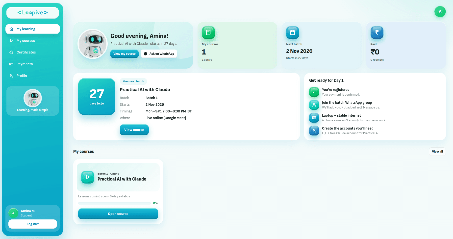 Loopive student dashboard showing the Practical AI with Claude course, days to the next batch, a Day 1 checklist and course progress